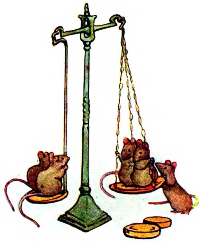 The mice are playing with the set of scales. Two stand on each plate, while the fifth is checking the balance. In front of the scales lie two gold coins.