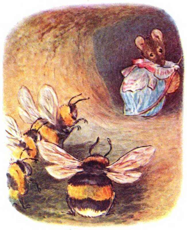 Four bees with black, white and yellow stripes in an underground tunnel follow a mouse who is looking over her shoulder at them. The mouse is dressed in a blue dress with a red and white blouse, and is carrying a basket and a stick.