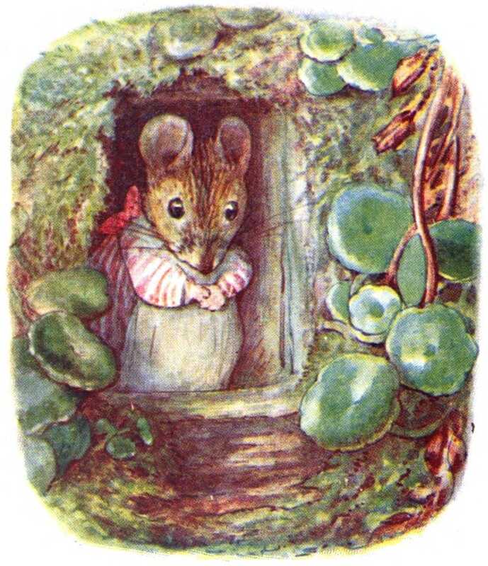 A mouse stands in the doorway to her house, which is surrounded by moss and succulent leaves. She is wearing a red and white striped blouse under a white pinafore, and is clasping her paws together.