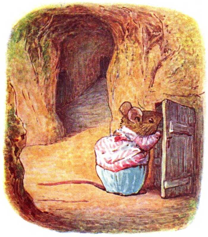 In a tunnel underground, Mrs. Tittlemouse opens a wooden door set into the wall.
