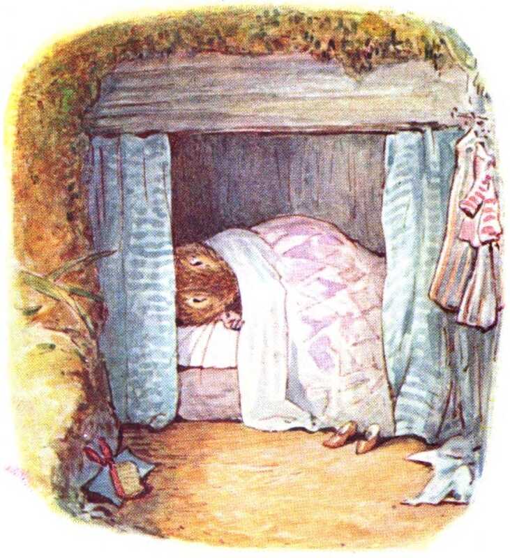 Mrs. Tittlemouse lies under a pink blanket in a bed built into a niche in the wall. The bed has blue curtains that can be pulled across. On the floor are her brown leather shoes and a red dustpan and brush, while her dress hangs from a hook on the wall.