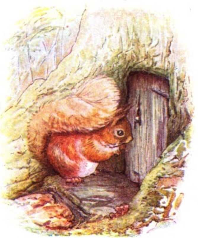 Nutkin bends down in front of a door set into the base of a tree and sings into the keyhole.
