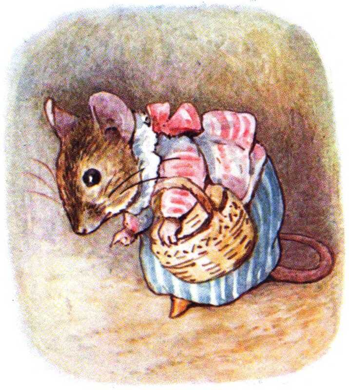 Mrs. Tittlemouse creeps down a tunnel holding her covered basket.