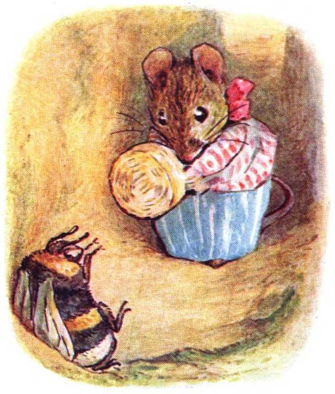 Mrs. Tittlemouse brandishes her basket at a yellow, black and white striped bee, which looks worried.