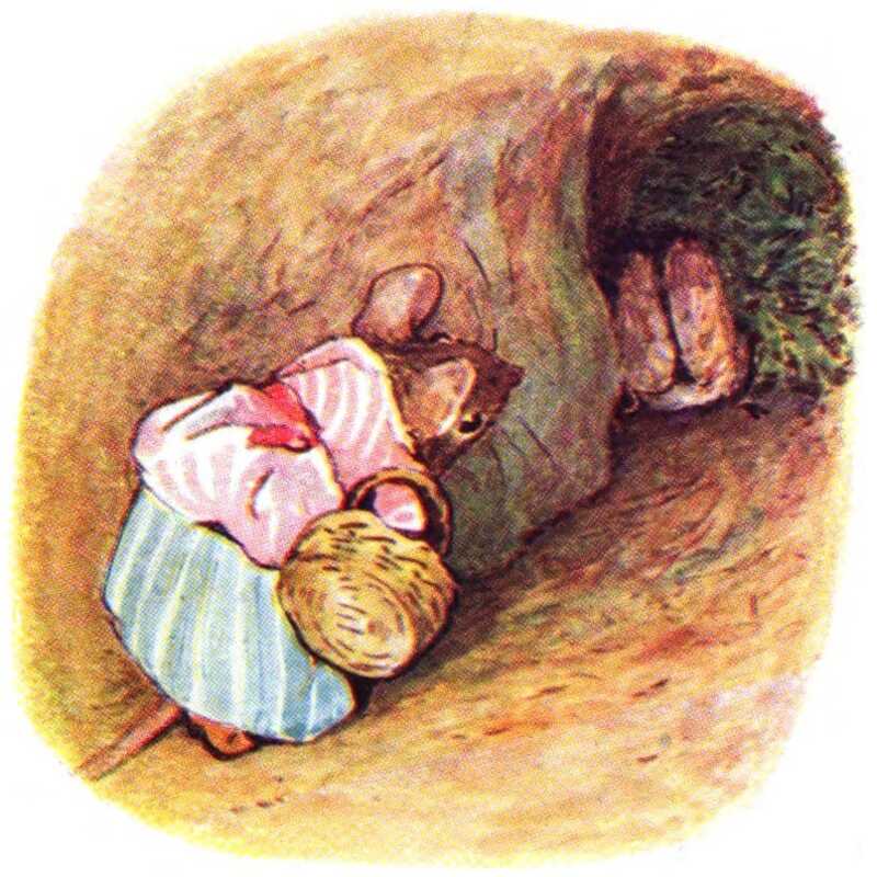 Mrs. Tittlemouse peers around a corner of the tunnel at Babbitty Bumble as she walks away.