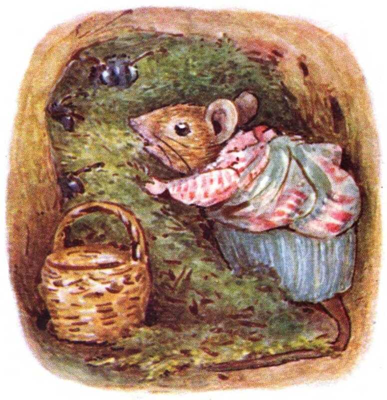 The bees peek out of the moss that fills the entire tunnel. Mrs. Tittlemouse starts pulling at the moss.
