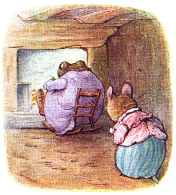 Mr. Jackson sits in front of a fire in a rocking chair, while Mrs. Tittlemouse approaches from behind, clasping her paws together.