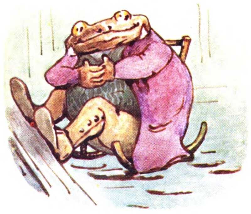 Mr. Jackson is a large toad. He is wearing brown shoes, brown trousers, a grey waistcoat, and a long purple jacket.