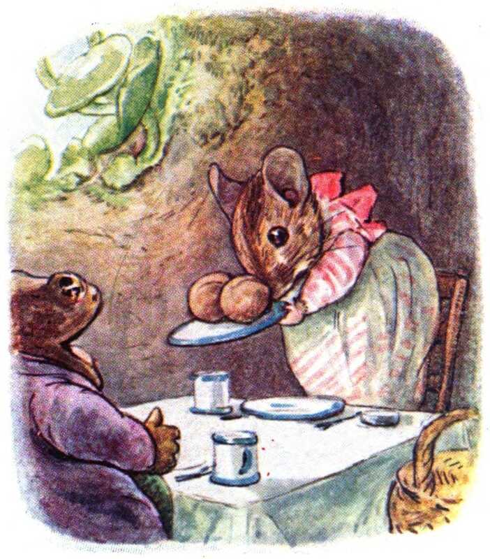 Mr. Jackson sits at a table covered with a white tablecloth and blue and white plates and cups. Mrs. Tittlemouse leans over to offer him a cherrystone from a platter.
