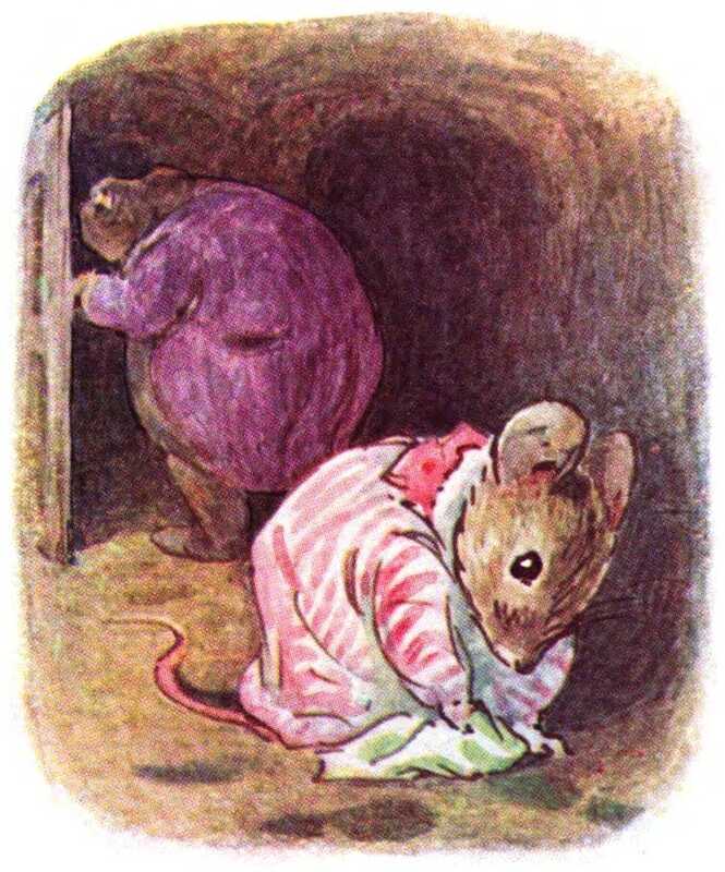 Mrs. Tittlemouse wipes up wet footmarks with a green cloth, while in the background Mr. Jackson inspects the contents of a cupboard.