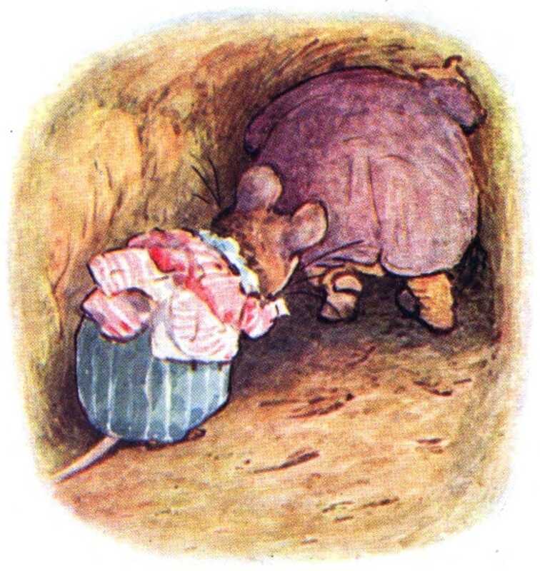 Mr. Jackson’s large body fills the tunnel he’s walking down, while Mrs. Tittlemouse follows closely behind.