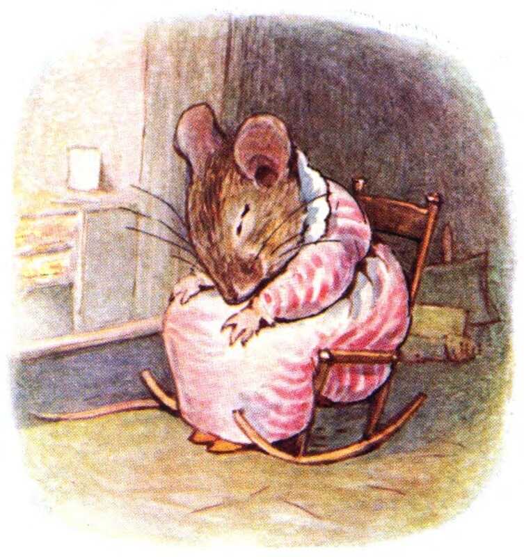 Mrs. Tittlemouse sleeps in her rocking chair, with her paws in her lap.