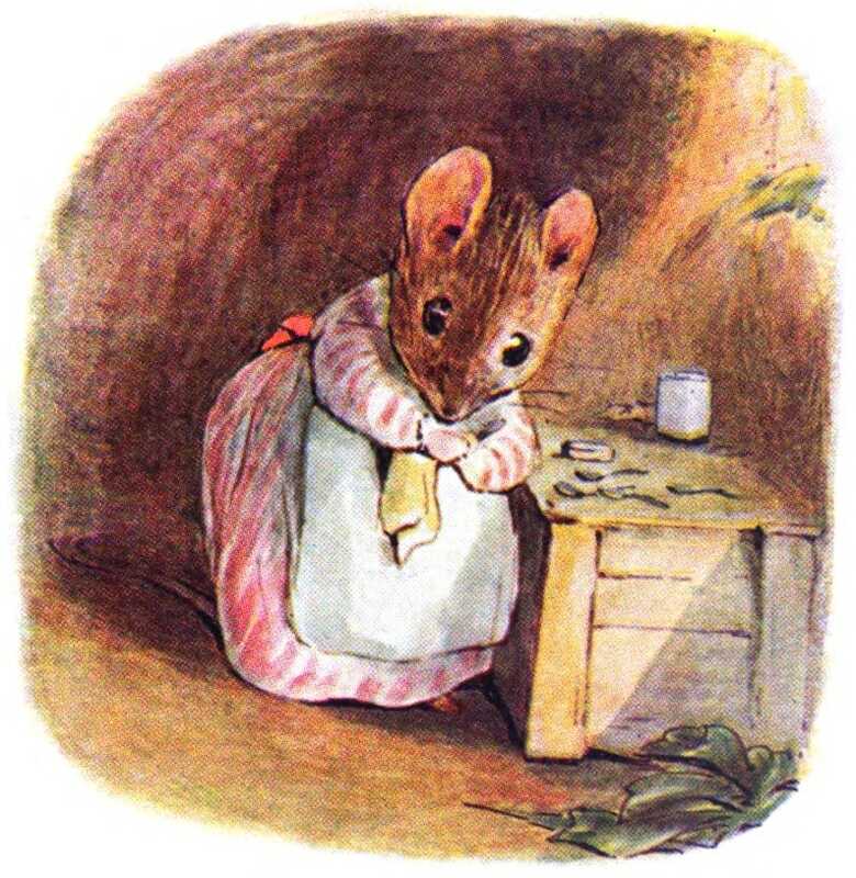 Standing next to a counter top, Mrs. Tittlemouse carefully polishes each of her tin spoons in turn with a yellow cloth.