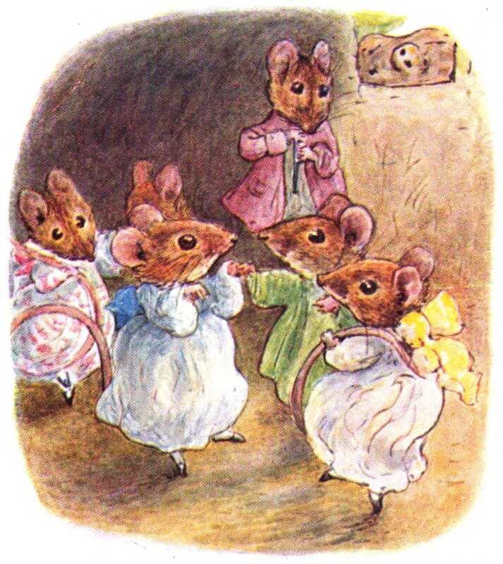 Several mice, wearing dresses of many different colours, dance while holding their tails up so that they don’t trip over them. In the background, another mouse wearing a burgundy jacket watches them. Through the window we can just see Mr. Jackson’s eye peering in.