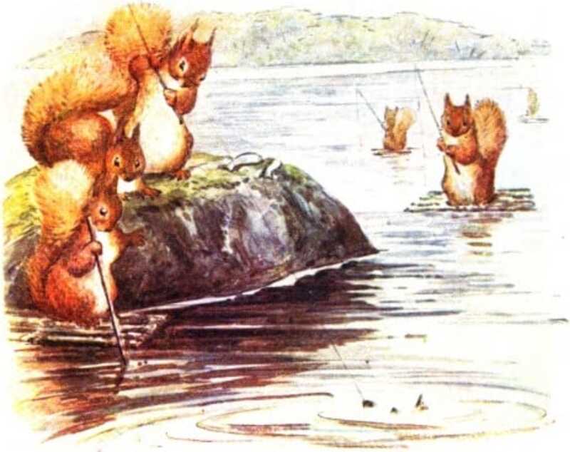 Five red squirrels fish with poles from rocks and rafts in the lake.