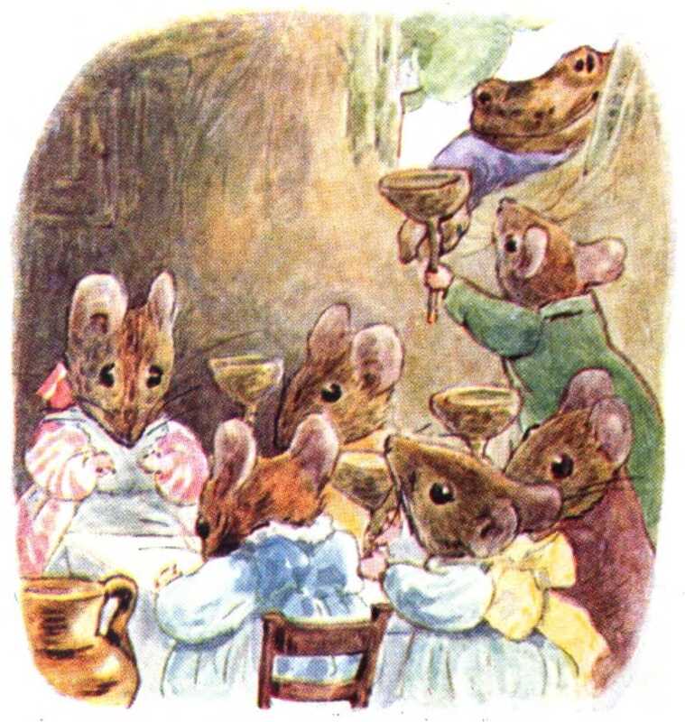 Mrs. Tittlemouse passes around acorn-cups to the other mice, who drink from them. One mouse in a green jacket hands another acorn through the window to Mr. Jackson outside.