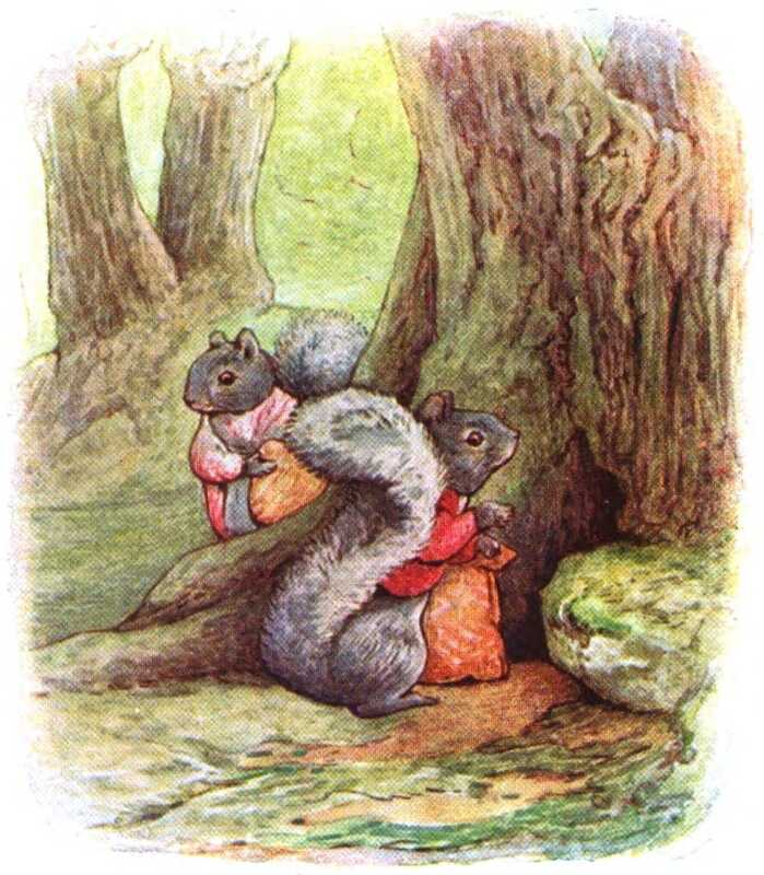 Two grey squirrels, one in a red jacket and one in a pink dress, hold orange bags and inspect the base of a tree.