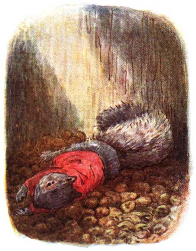 Timmy has been squeezed through the hole, and is lying inside the tree on a large pile of nuts.