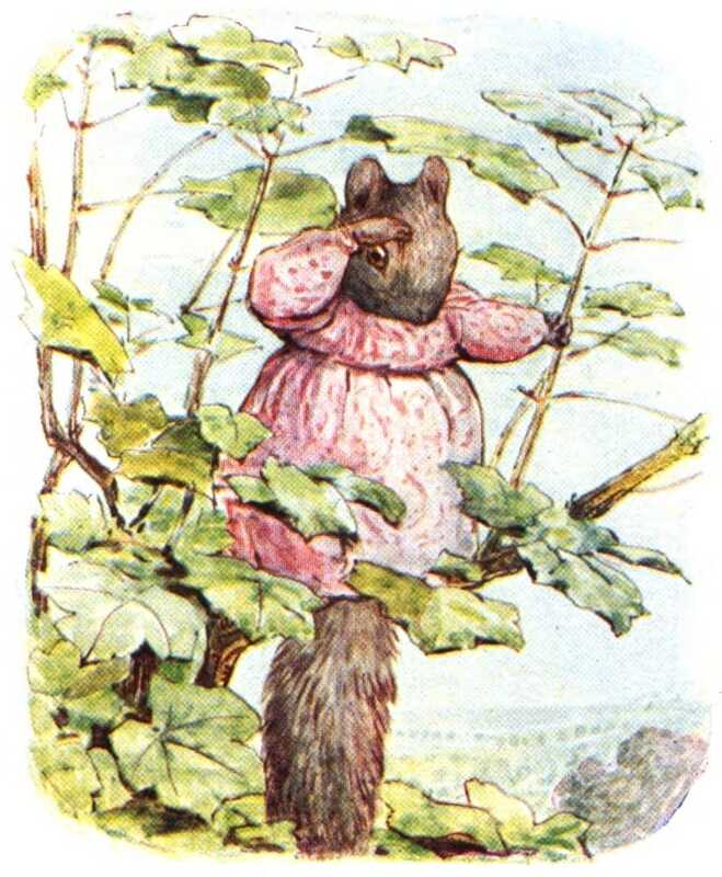 Goody stands on the top branch of a tree. She holds on to a leaf stalk with her left hand to steady herself, and uses her right hand to shade her eyes while looking for Timmy.