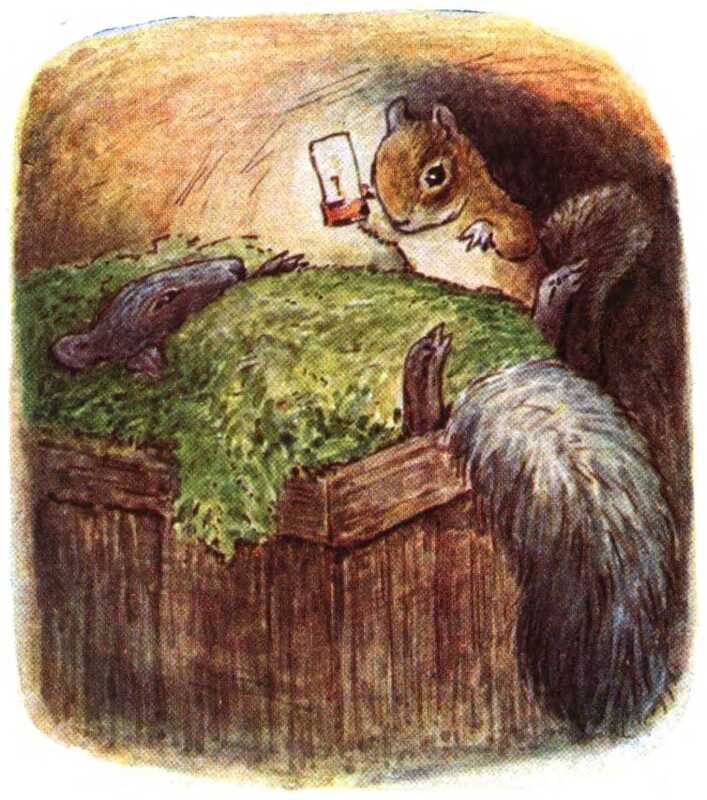 Timmy lies in a wooden bed, covered in moss, with just his head, paws and tail sticking out. Next to him, a chipmunk holds up a little lamp that’s lighting up the space.