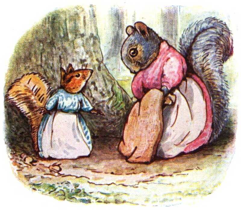 Goody, still holding the sack, talks to the Chipmunk, who is wearing a blue dress and a white apron.