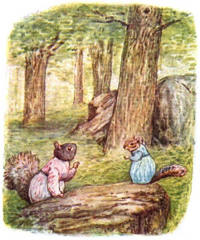 Goody and the Chipmunk stand on the forest floor next to a large rock and discuss plans.
