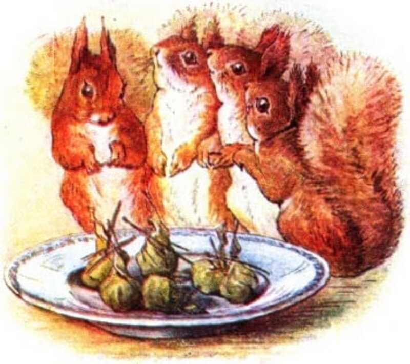 Four red squirrels stand around a china plate, on which is a set of leaf parcels.