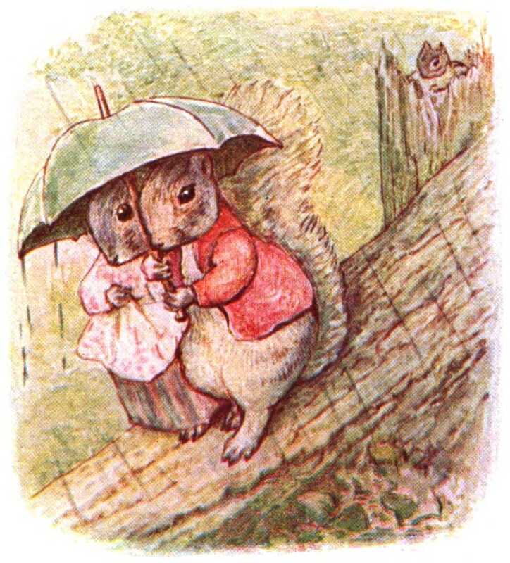 Goody and Timmy walk down the trunk of the fallen-down tree, sheltering from the rain under a green umbrella. In the background, Chippy Hackee is standing in the trunk of the broken tree.