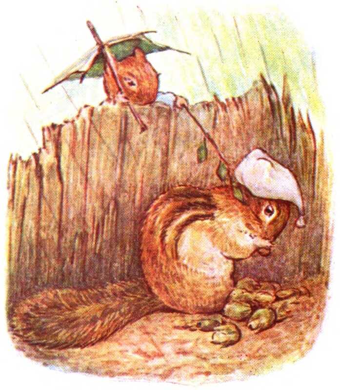 Chippy Hackee sits in his now open tree hole, with is nightcap on and a small pile of nuts at his feet. His wife looks over the top of the broken wall and pokes Chippy Hackee with a twig, while sheltering under an umbrella made from a leaf.