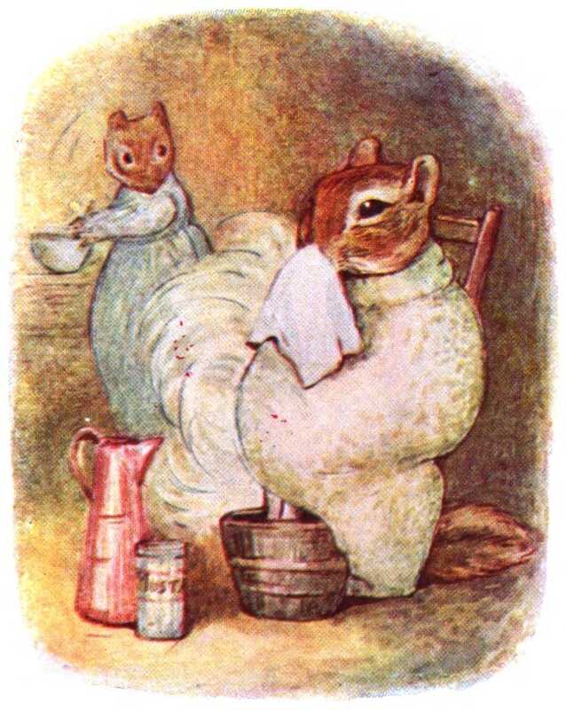 Chippy Hackee sits on a chair wrapped in a warm blanket with his feet in a bucket of hot water, and blows his nose into a white handkerchief. Next to him is a red jug and a tin of mustard. In the background, his wife is stirring something in a bowl.