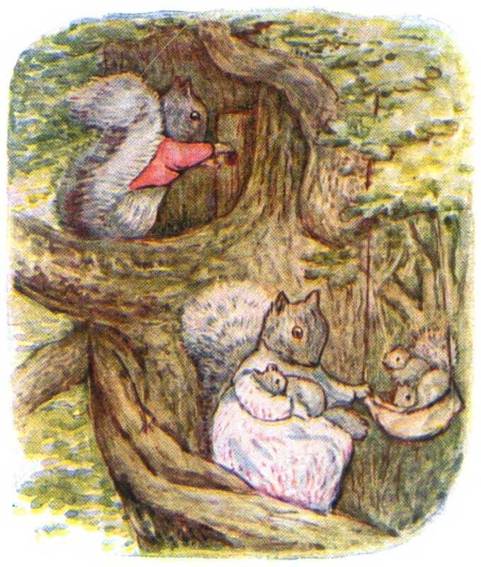 Timmy stands by the door of their house built into a tree. One branch down, Goody holds a baby squirrel while swinging two more in a little hammock.