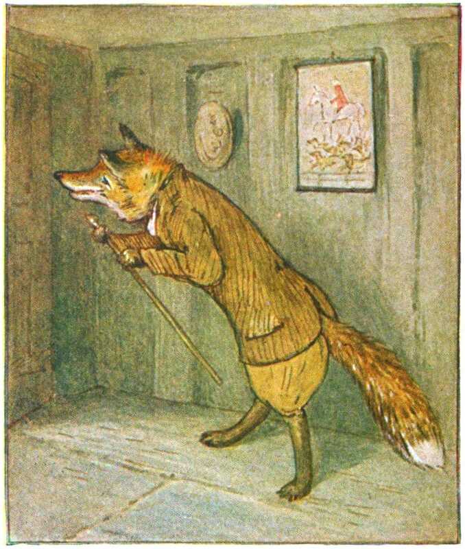 A fox in a brown jacket, white cravat, and holding a cane, stands in a wood-panelled room that has a couple of paintings of hunting scenes on the wall.