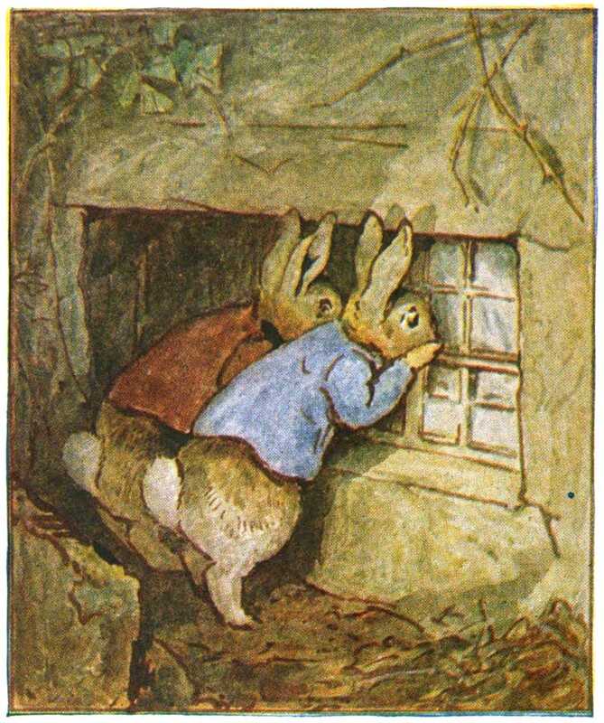 Peter Rabbit and Benjamin Bunny peer in through the low window set into the stone wall of the house.