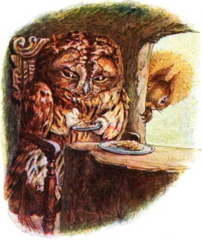Old Brown sits in a carved wooden chair, eating some food from a plate on a table in front of him. Nutkin peers in through the window behind him.