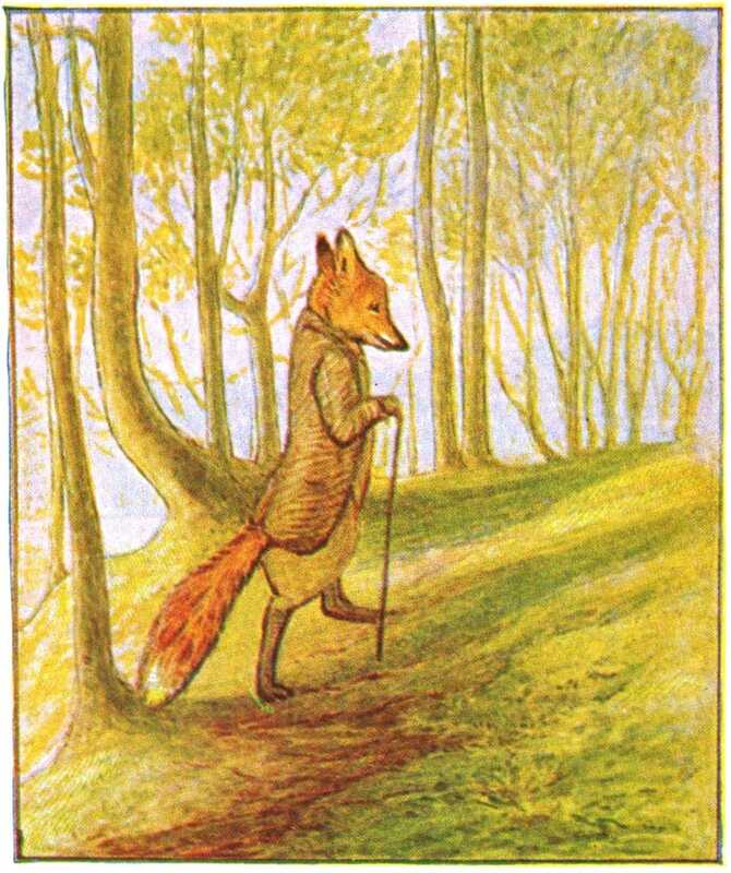 Mr. Tod strolls through the open forest, wearing a tan jacket and carrying a walking cane.