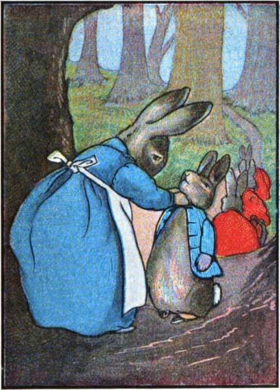 Mrs. Rabbit buttons up Peter’s coat while his siblings walk away.