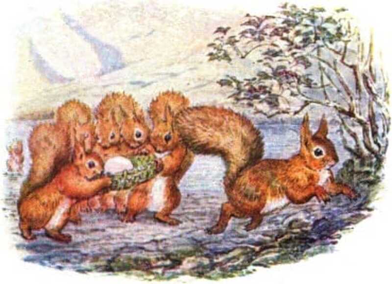 Five red squirrels walk out of the lake, carrying an egg in a basket. Nutkin runs ahead up the shore.