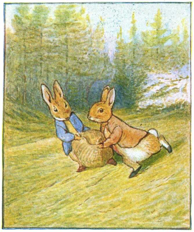 Peter Rabbit and Benjamin Bunny run down a grassy slope, carrying a brown sack between them.