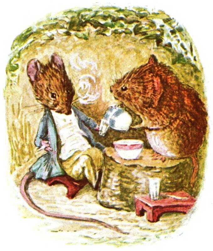A brown mouse who is not wearing anything stands on a table and pours a glass of water for another brown mouse from a blue and white jug. The other mouse is wearing tan trousers, a white shirt, and a light blue jacket with ruffed wrists.