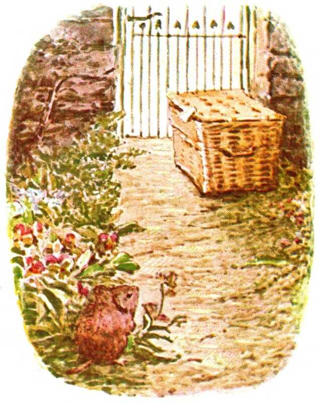 A mouse sits in a flowerbed next to a path, and watches a large wicker hamper that sits just inside a wrought iron gate set between two stone walls.
