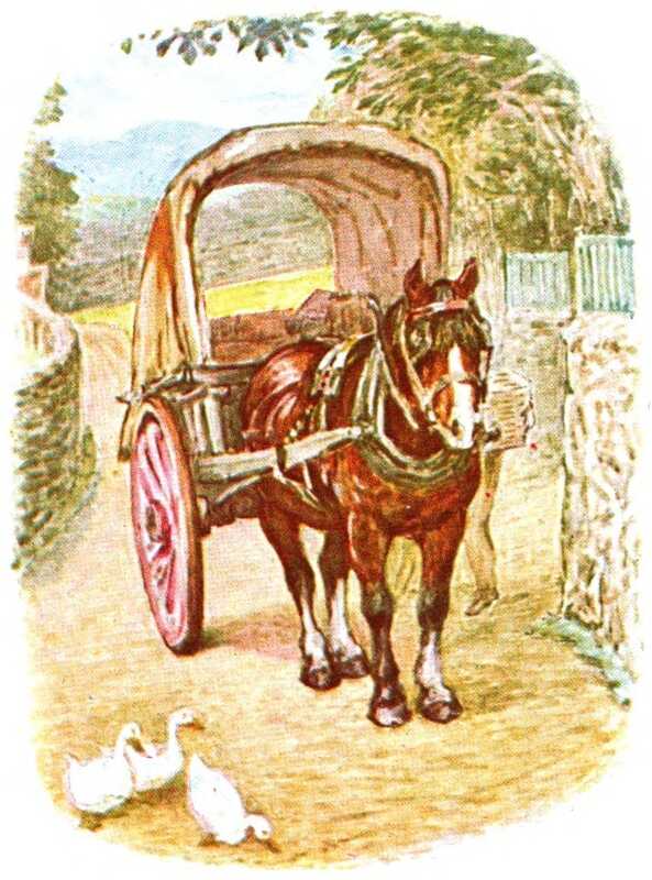 A brown cart horse with a white nose has been hitched to a covered two-wheel cart and stands in a country lane between stone walls. Three white ducks walk past in front.