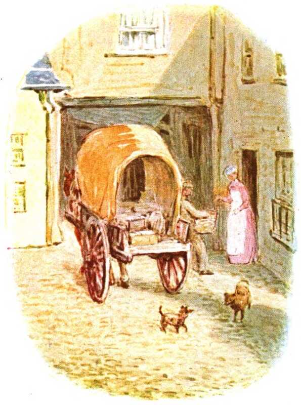 The cart has pulled in to a courtyard, and the driver is handing over a hamper to a lady wearing a pink dress and white pinafore. Two small brown dogs play behind the cart.