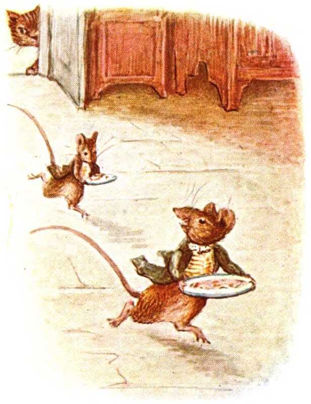 Two mice sprint across the hallway flagstones carrying plates of food. A cat stares at them through the doorway to the hall.