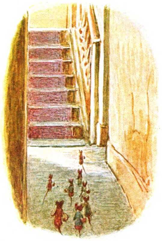 A group of mice in jackets walk towards the bottom of the red-carpeted stairs.