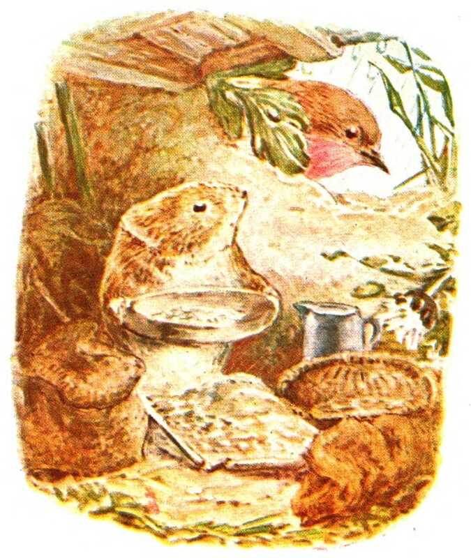 Timmy Willie sits in his nest sorting wheat from chaff with a sieve. Next to him are a couple of full sacks, a jug, and a basket. Through the entrance to the burrow a robin stares in.
