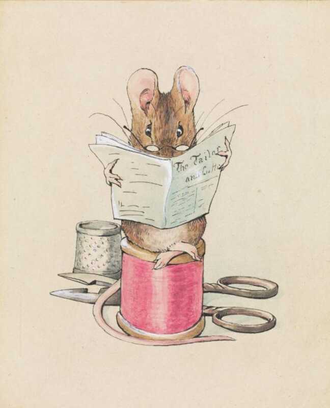 A mouse in spectacles is sitting on a reel of red thread and reading a newspaper entitled “The Tailor of Gloucester.”