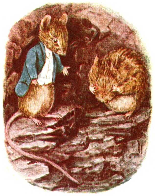 In the coal cellar Johnny Town-mouse gestures to Timmy Willie, who has his head in his hands.