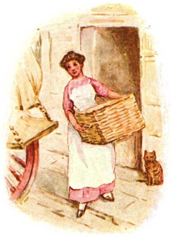 The lady lifts the hamper into the back of the carriage while the cat looks on.