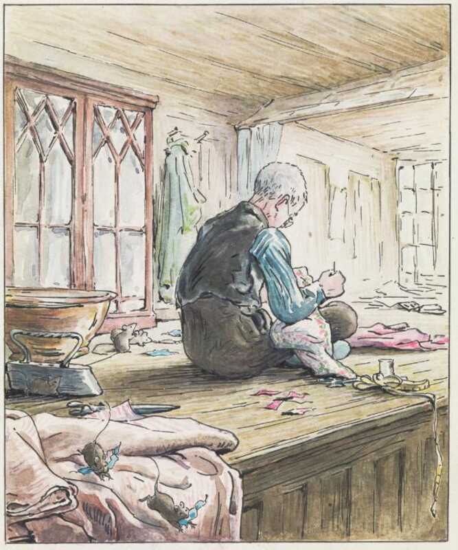 A tailor sits next to a window surrounded by scraps of cloth. He is sewing a piece of cloth on his lap.