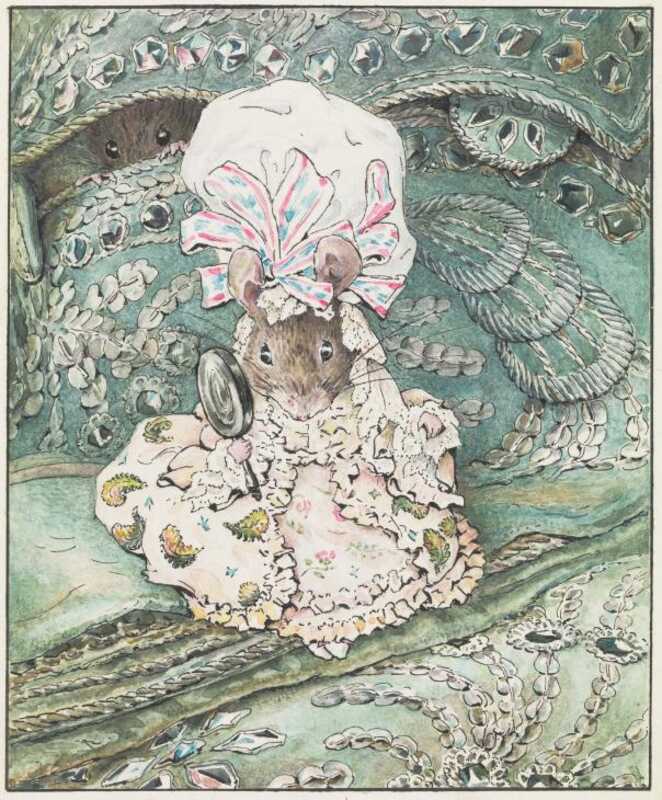 A mouse in a mob cap and extremely puffy dress is holding a large magnifying glass and sitting on a large expanse of embroidered green fabric. Another mouse is peeking through a seam in the background.